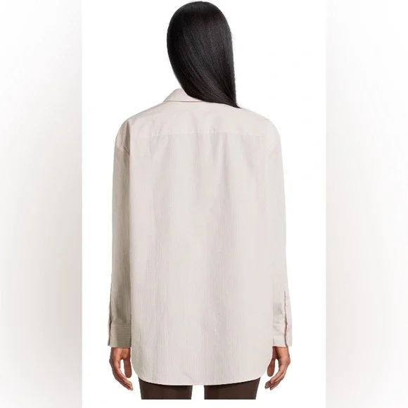 Time and Tru Oversized Button Front Shirt-Papyrus Beige/Vivid White Stripe-Large - Picture 5 of 10